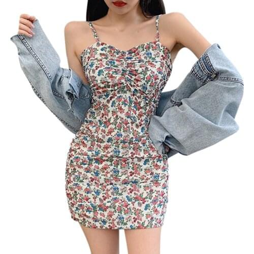 Retro Slim Women Mini Dress With Buttocks Sexy Floral Print Summer French Style Vestidos New