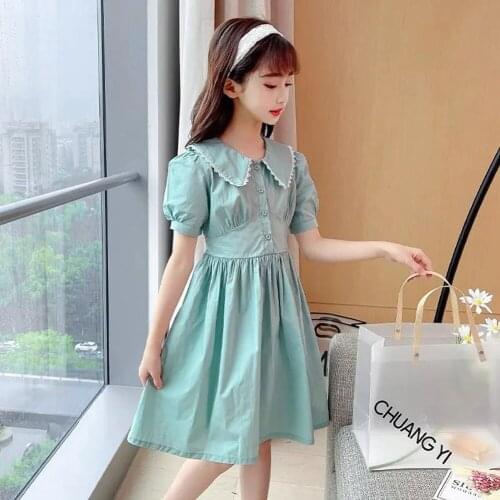 Solid Cotton Short Sleeve Summer Dress For Girls 4-14 Years Children Clothing Kids A Line Princess Dresses 4 5 6 8 9 10 12