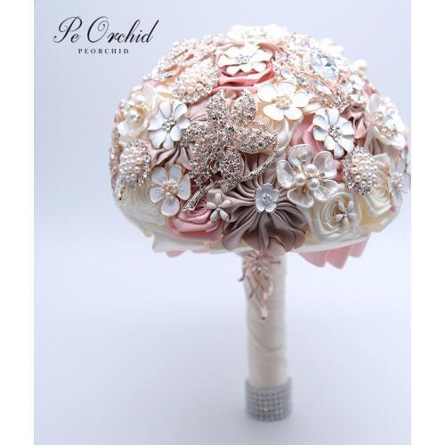 PEORCHID Luxury Bridal Bouquets With Brooches Satin Rose Bride Flower Wedding Bouquet 2019 Blumen Hochzeit Rhinestone Bouquet