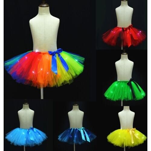 Kids Little Girls LED Light Up Tutu Mini Skirt Contrast Colorful Luminous Elastic Waist Ballet Dance Party Dress Costume