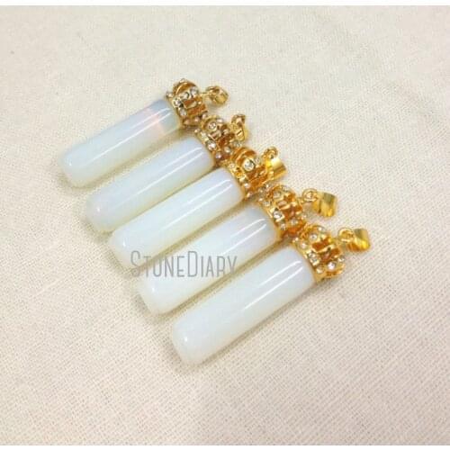 H-PP25 Healing Crystal Quartz Opal Pendant Crystal Pillar Cylinder Point Pendant with 24k Gold Crown Cap and Bail