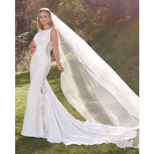 Wedding Dress Mermaid O-Neck Tank Lace Appliques Sequined Beads Backless Button Satin Floor Length Sweep Train Bride Gown New