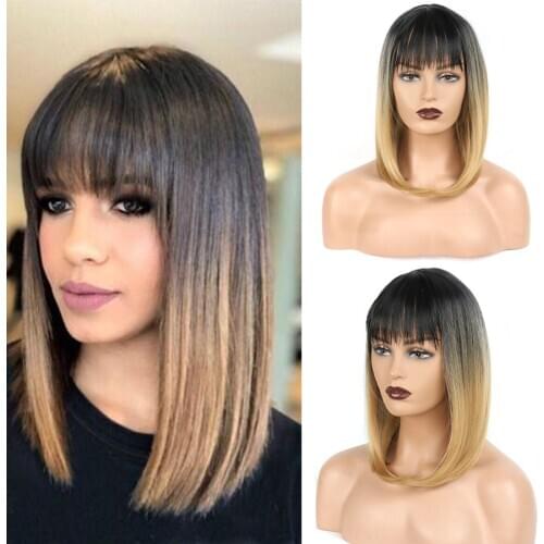 Ombre blonde synthetic wigs with neat bangs for black women heat resistant bangs wig blond silky straight