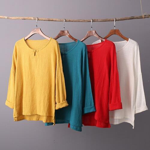 Plus size women cotton linen shirt O collar long sleeve Tshirt loose casual pure color spring and autumn tops good quality