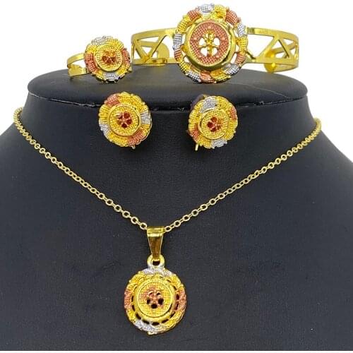 Gold Color African Baby Bangles Dubai Jewelry sets for Girls Women Ethiopian Rings Earrings Sets Arab Bridal Jewelry