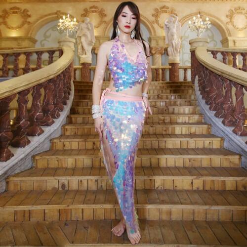 Women Belly Dance Costume Set 2pcs Bra Skirt Sexy Sequins Hip Scarf Performance Clothes Dancing Dress Clothing Bellydance Suits