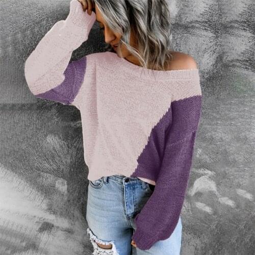 2021 Solid Off Shoulder Autumn Sweater Women Elegant Knitted Pullovers Sweaters Spliced Casual Loose Streetwear Sweater