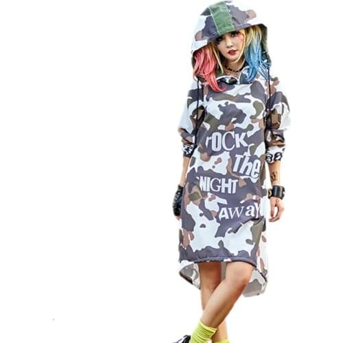 Female Spring Summer Hip Hop Harajuku Print Hooded Dress Casual Loose Long Sleeve Vestidos Plus Size Street Style Women Dress