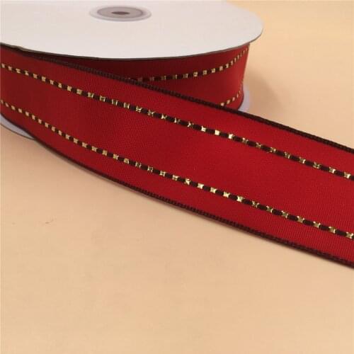 10Yards 1-1/2 inch Gold Stitches Lines Wired Red Grosgrain Ribbon for Gift Bow,Wedding,Cake Wrap,Tree Decoration,Wreath N2063