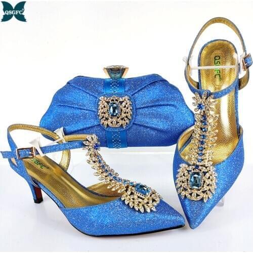 2021 Newest Noble and Elegangt Fashion Special Style Sky Blue Ladies Shoes and Bag Set Decorated With Golden Ears of Wheat Shape