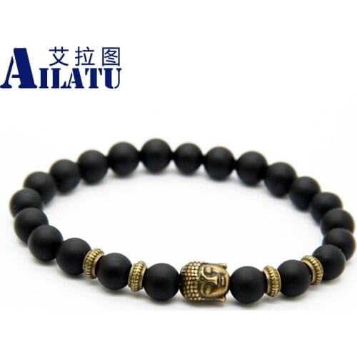 Ailatu Wholesale New Beaded Mens Jewelry Festival Gift 8mm Black Matte Onyx Stone Bronze Buddha Yoga Stretch Bracelets