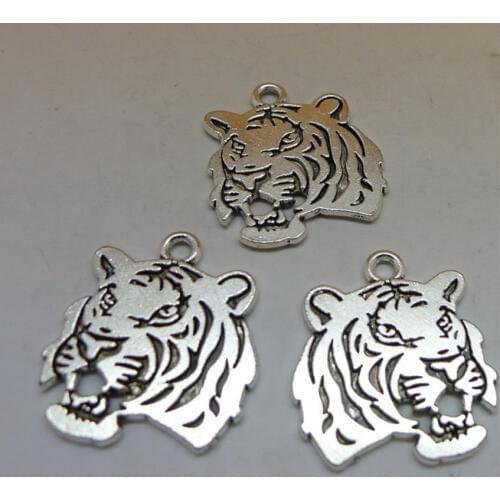 ALY 25Pcs/lot Vintage Silver 2 sided Tiger Charms Cute Feline Animal Craft Supplies 25x27mm