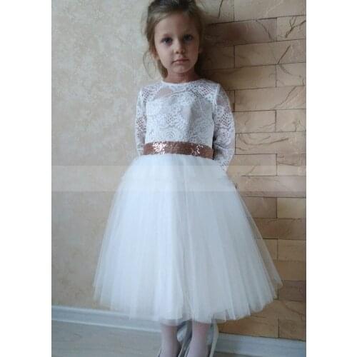 White Lace Flower Girl Dress With Sequin Sash Children Long Sleeve First Communion Dress Tea Length