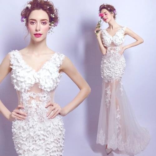 Free shipping white flowers transparent sexy lady girl women princess bridesmaid banquet party wedding bridal dress gown