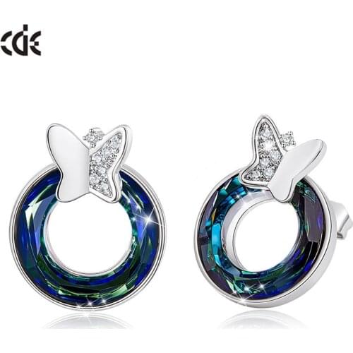 CDE Fashion Crystal Stud Earrings Silver Color Butterfly Circle Earrings for Women Dinner Party Jewelry Bijoux