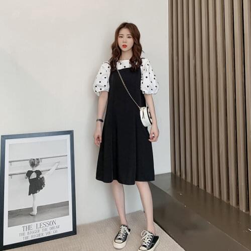 Preppy Style Black Overalls Dress Chiffon Braces Skirt Students Loose Polka-Dot Tops Puff Sleeve Summer Casual Slim Suits Girls