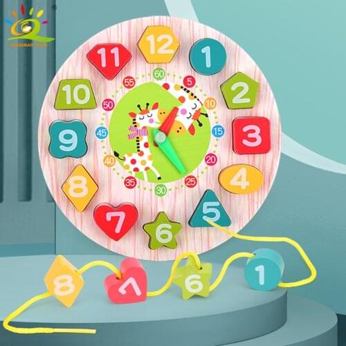 HUIQIBAO Cartoon Animal Wooden Beaded Geometry Digital Clock Puzzles Gadgets Matching Shape Color Educational Toy For Children