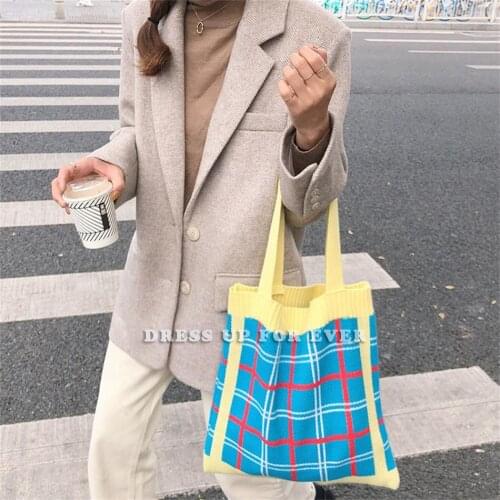 Classic Check Wool Knitting Contrast Color Girls Shoulder Women‘s Bag Large Capacity College Students Style Handbags Ladies Tote