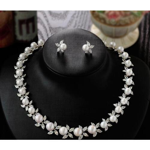Women Silver Color Crystal Flower Pearl String Bridal Jewelry Sets Earrings Necklace Wedding Jewelry Accessories Sets