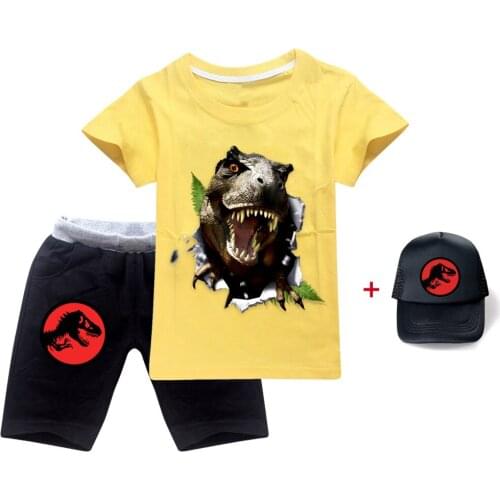 Dinosaur Boys Clothes Set Short Sleeve 3D T-Shirt+Pants Summer Kids Boy Sports Suit Children Clothing Outfits Teen+sun hat 3-16y