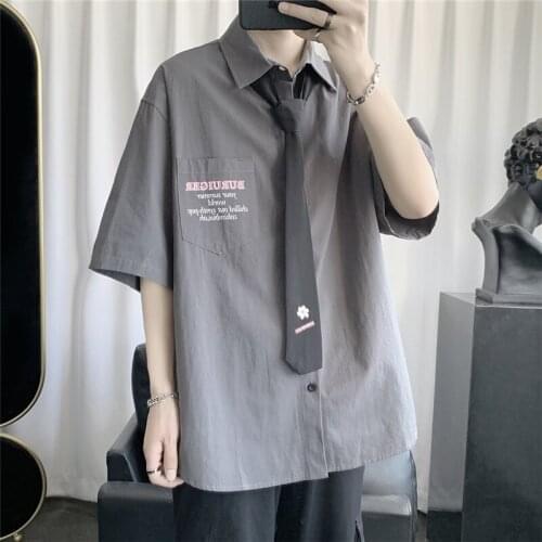 Summer Korean Shirts Harajuku Man Loose Casual Slim Fit Button Streetwear Cotton Shirts Mens