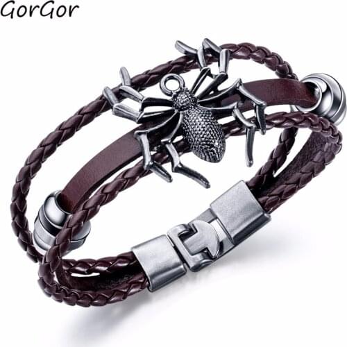 GorGor Fashion Cool Retro Style Hot-selling Hand-woven Multi-layer Cowhide Spider Creative Mens Bracelet 1362