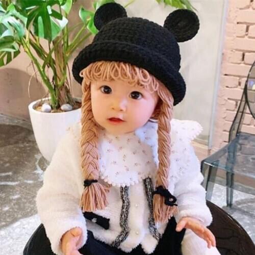 2021 Cute Baby Girl Boy Bucket Hat Hair Pigtail Braid Wig Cap Winter Warm Crochet Knit Children Kids Girls Hats and Caps Black