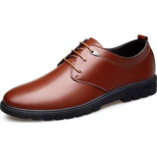 New mens business casual formal leather shoes round head low top lace up brown dads shoes soft and comfortable shoeab