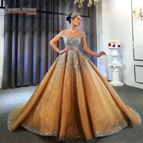 New luxury beading dark champagne wedding dress also can make ivory color real work