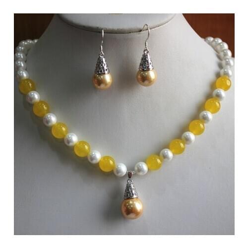 7-8mm freshwater white pearl yellow jade necklace +14mm shell pearl hook earring and pendant jewelry set