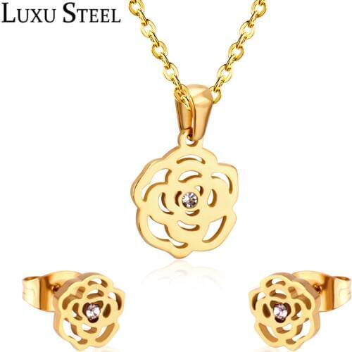 LUXUSTEEL Flower Cubic Zirconia Jewelry Sets Stainless Steel Gold/Silver Color Pendant Necklace Women/Girl Bridal Jewelry Sets