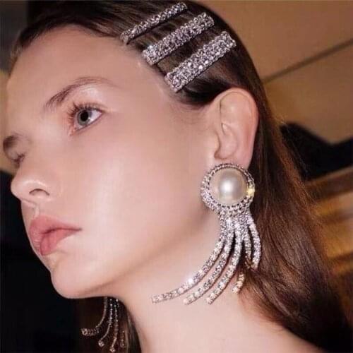 Luxury shiny Rhinestone Crystal Earrings womens geometric round elegant simulated pearl statement Earrings Wedding Jewelry