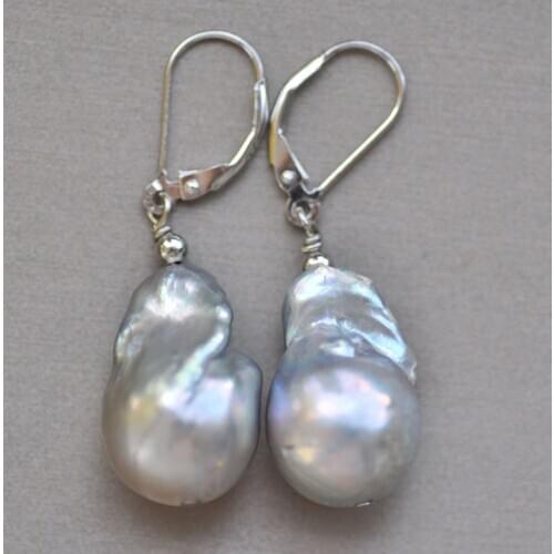 P7417 20mm Gray Baroque Keshi Reborn Pearl Dangle Earring Sterling silver