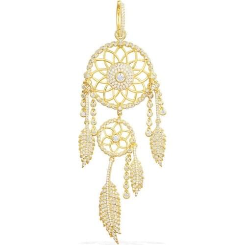 SOELLE Luxury 925 Sterling Silver Yellow Gold Color Statement Dream Catcher Earrings Cubic Zirconia Stones Feather Women Jewelry