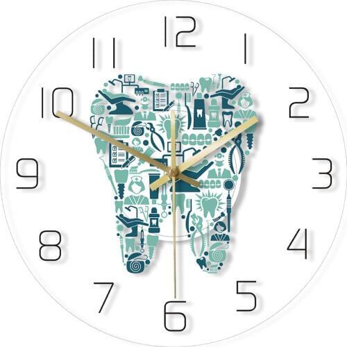 Dentist Dental Care Symbols Wall Clock Acrylic Hanging Clock Silent Movement Time Clock Teeth Design Dental Department Decor