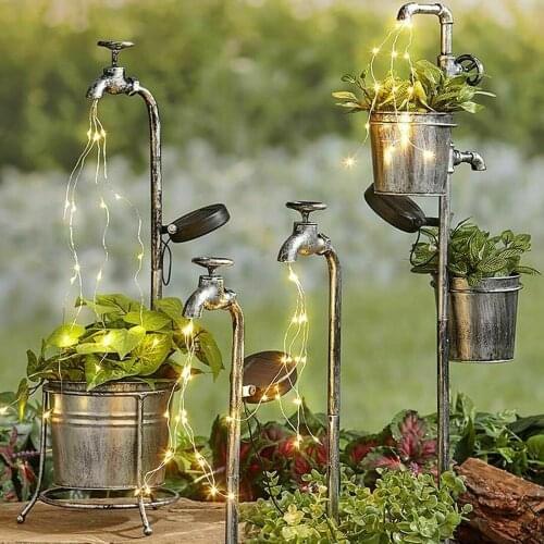 Garden Art Light Metal Watering Can Light Strings Decoration Solar Water Faucet Planter Light Lawn Art Outdoor Decor Landscape