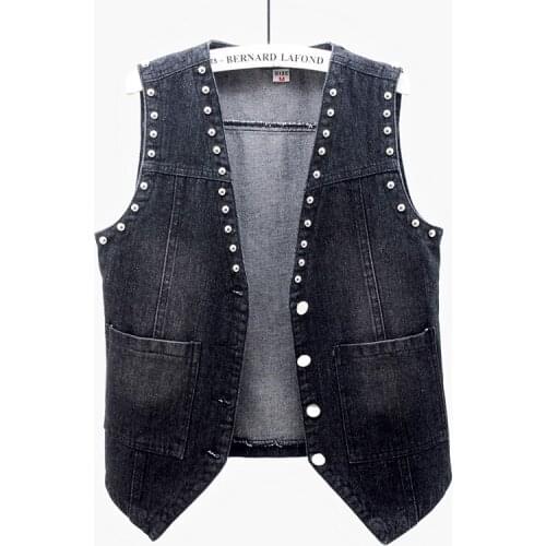 Vintage Rivet Big Pocket Short Denim Vest Women Plus size Slim V-Neck Sleeveless Jacket Coat Black Jeans Vests Female Waistcoat