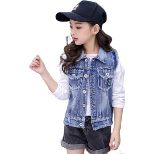 3-12 Years Kids Cotton Denim Vest Spring Autumn Girls Jeans Jacket Outerwear Teenage Clothing Children Turn-Down Collar Tops