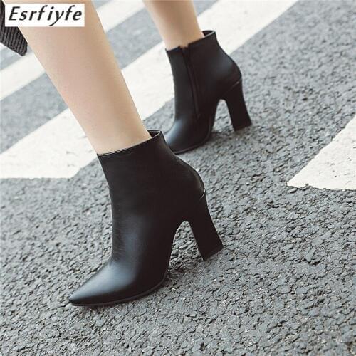 ESRFIYFE 2020 New Women Ankle Boots Winter High Heels Boots Ladies Fashion Pointed Toe Gladiator Black Leather Shoes for Woman
