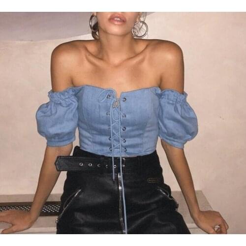 Off-the-shoulder Sexy Denim Womens Top Short Puff Sleeve Elegant Blue Jeans Top T-shirt Women Summer Bohemian Short T-shirt