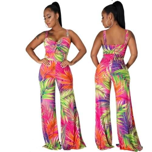 Spaghetti Strap Beach Rompers Womens Jumpsuit Summer Strapless Hollow Out Wide Leg Bodysuit Sexy Leaves Print Holiday Bodysuits