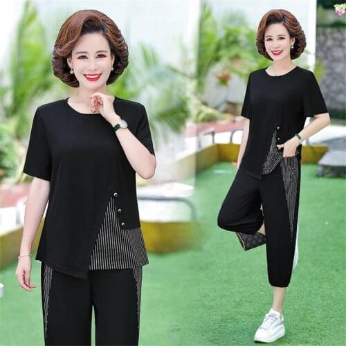 2021 New Summer Middle Aged Women Fashion Solid Tracksuit Slim Mother Two Piece Short Sleeve Suit Plus Size 4XL Pants Set