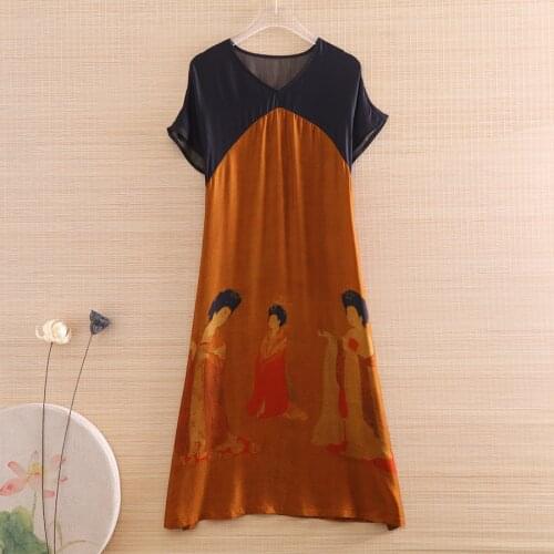 High-end Summer Women Color Matching Maid Print Dress Chinese Style Elegant Slim A-line Lady Party Dress M-XXL