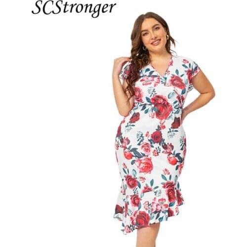 SCSTRONGER Summer New Style Plus Size Polyester Dress Printed Short Sleeved V Neck Ruffled Hip Skirt Платья Для Женщин 2021