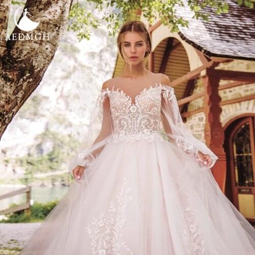 Aedmgh A-Line Empire Wedding Dresses 2021 Sweetheart O-Neck Long Sleeve Vestido De Novia Gorgeous Appliques Princess Bridal Gown