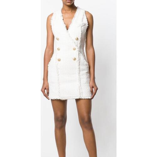 HIGH STREET New Stylish 2021 Designer Runway Dress Womens V-neck Double Breasted Metal Buttons Wool Tweed Tassel Dress