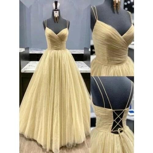 Vkbridal Sexy V-Neck Tulle Yellow Prom Dresses Long Sparkle Party Dresses Criss-cross Back Formal Evening Gowns for Women