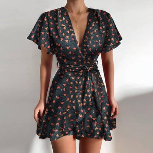 Butterfly Sleeve Polka Summer Women 2021 Dress Dot Floral Print V-Neck High Waist Sashes Dress Vintage Female Mini Red Vestidos