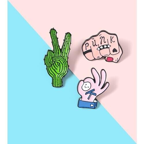 Gesture Sign Enamel Pins Custom Victory Cactus OK Punk Fist Brooches Bag Clothes Lapel Pin Badge Funny Jewelry Gift for Friends