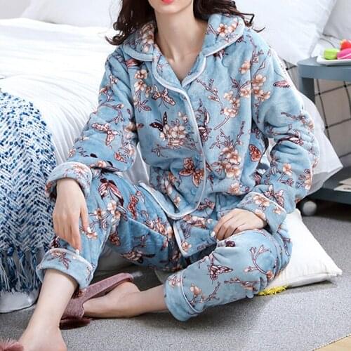 2021 Winter Pajamas Set Women Sleepwear Warm Flannel Long Sleeve Pajamas Set Cute Print Home Wear Xmas Thicken 2pcs Suit Pijamas